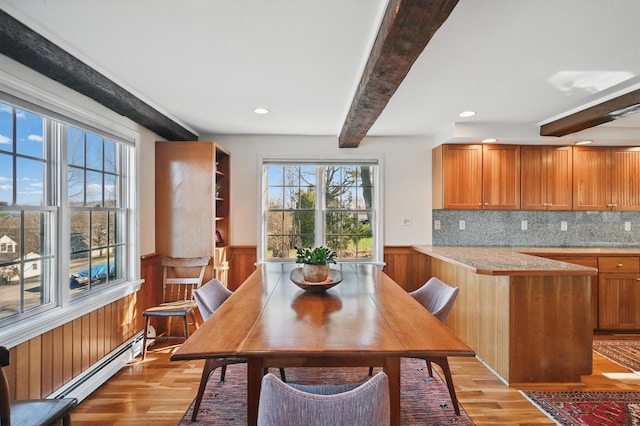 3 The Ledges St, Hallowell, ME 04347 - dining area featuring beam ceiling, wainscoting, baseboard heating, and light wood finished floors