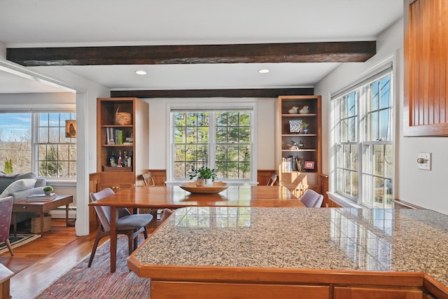 3 The Ledges St, Hallowell, ME 04347 - dining space with a wainscoted wall, beam ceiling, and wood finished floors