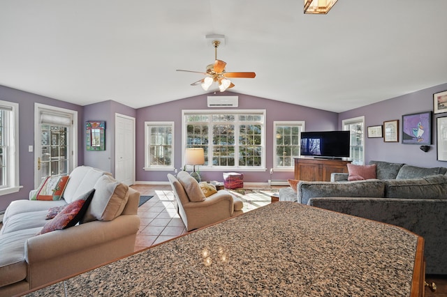 3 The Ledges St, Hallowell, ME 04347 - living room featuring plenty of natural light, ceiling fan, lofted ceiling, and baseboard heating
