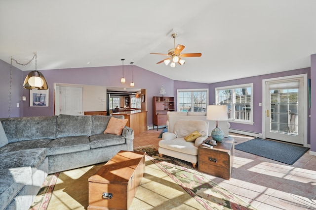 3 The Ledges St, Hallowell, ME 04347 - living area featuring a ceiling fan, baseboard heating, light tile patterned floors, a baseboard heating unit, and lofted ceiling