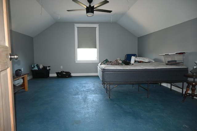18 Castle Rd, Harmony, ME 04942 - bedroom with a ceiling fan, baseboards, concrete flooring, and lofted ceiling
