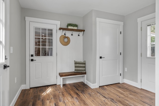 mudroom with baseboards and wood finished floors