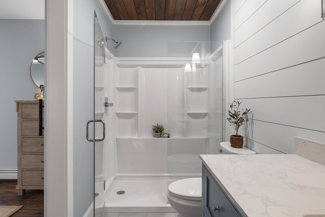 full bathroom featuring a shower stall, toilet, baseboard heating, vanity, and wooden ceiling