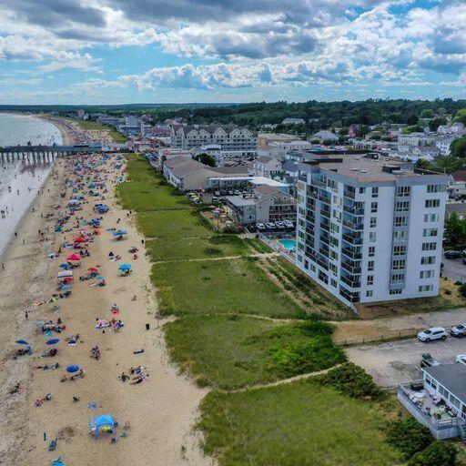 aerial view of a nearby body of water