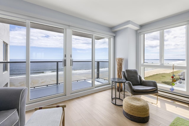 living area featuring view of water and beach, healthy amount of natural light, and wood finished floors