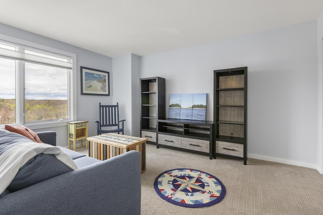 living area featuring carpet floors and baseboards