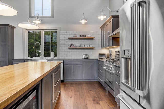 28 Fisher Rd, Newry, ME 04261 - kitchen featuring stainless steel appliances, butcher block countertops, dark wood finished floors, backsplash, and pendant lighting