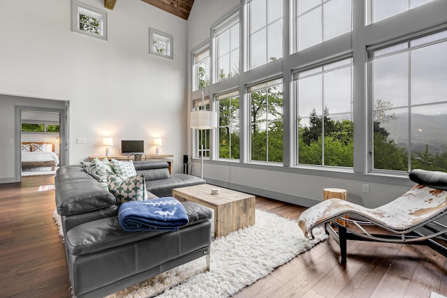 28 Fisher Rd, Newry, ME 04261 - living area featuring high vaulted ceiling, hardwood / wood-style floors, and baseboards
