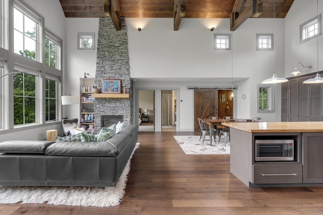 28 Fisher Rd, Newry, ME 04261 - living room featuring high vaulted ceiling, dark wood-style floors, a fireplace, and wooden ceiling with exposed beams