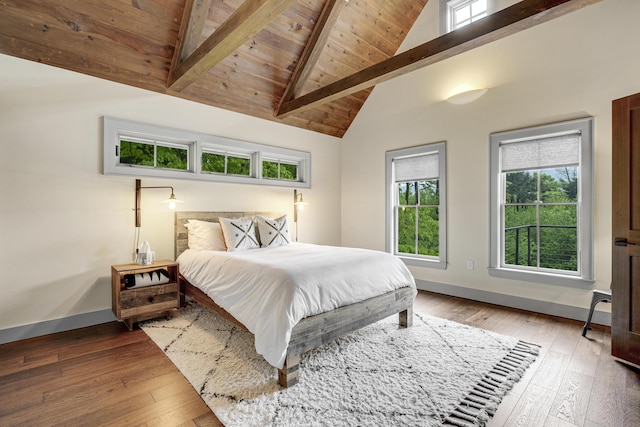 28 Fisher Rd, Newry, ME 04261 - bedroom featuring wood ceiling with exposed beams, wood-type flooring, baseboards, and high vaulted ceiling