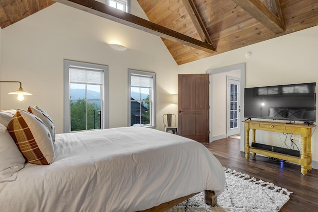 28 Fisher Rd, Newry, ME 04261 - bedroom featuring wood ceiling with exposed beams, wood finished floors, high vaulted ceiling, and baseboards