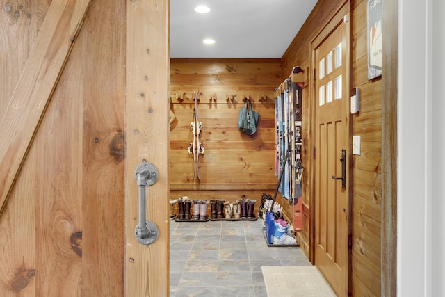 28 Fisher Rd, Newry, ME 04261 - mudroom featuring wooden walls and recessed lighting