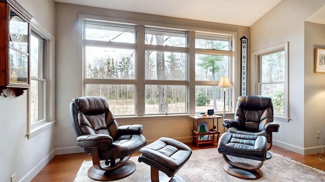 living area featuring baseboards, vaulted ceiling, and wood finished floors