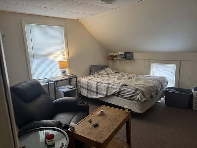 carpeted bedroom with vaulted ceiling