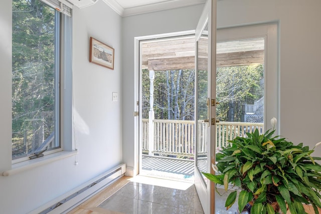 20 Giant Slide Rd, Mount Desert, ME 04660 - doorway with a baseboard heating unit, plenty of natural light, and ornamental molding
