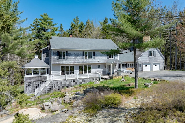 20 Giant Slide Rd, Mount Desert, ME 04660 - view of front facade featuring a gazebo, a chimney, a deck, and a detached garage