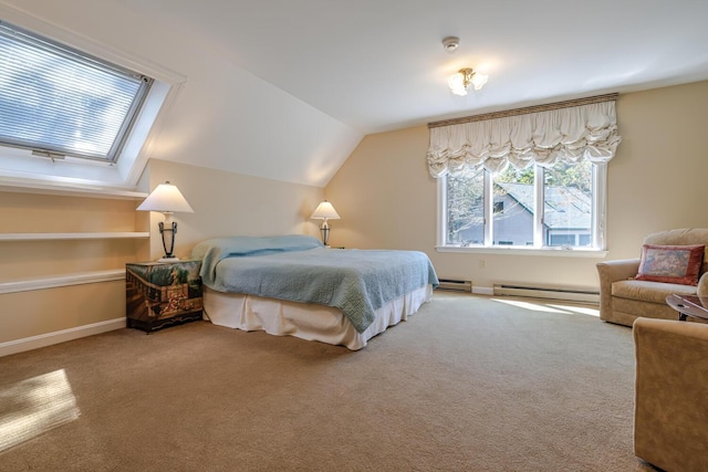 20 Giant Slide Rd, Mount Desert, ME 04660 - bedroom with a baseboard heating unit, carpet, lofted ceiling, a skylight, and baseboards