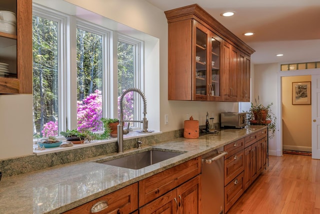 20 Giant Slide Rd, Mount Desert, ME 04660 - kitchen featuring a sink, stainless steel dishwasher, brown cabinetry, recessed lighting, and light wood-style flooring