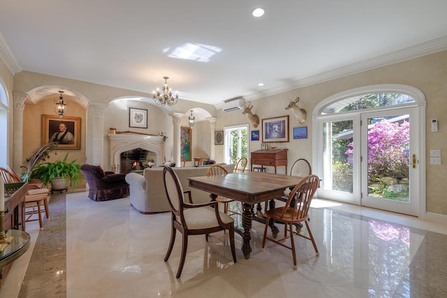 20 Giant Slide Rd, Mount Desert, ME 04660 - dining space featuring ornate columns, arched walkways, a wall mounted AC, light marble finish flooring, and crown molding
