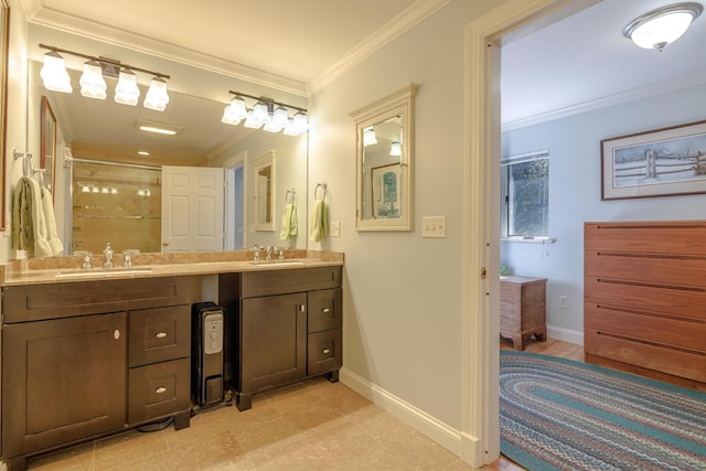 20 Giant Slide Rd, Mount Desert, ME 04660 - bathroom featuring ornamental molding, a shower stall, double vanity, and baseboards