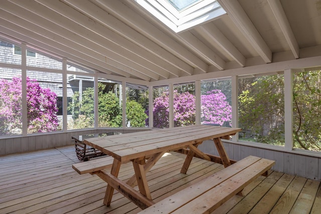 20 Giant Slide Rd, Mount Desert, ME 04660 - sunroom with a skylight, a wooden deck, hardwood / wood-style floors, and lofted ceiling