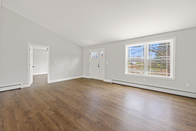 unfurnished living room featuring baseboards, baseboard heating, dark wood-style flooring, and lofted ceiling
