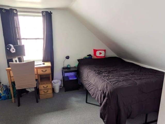 bedroom featuring vaulted ceiling and carpet flooring