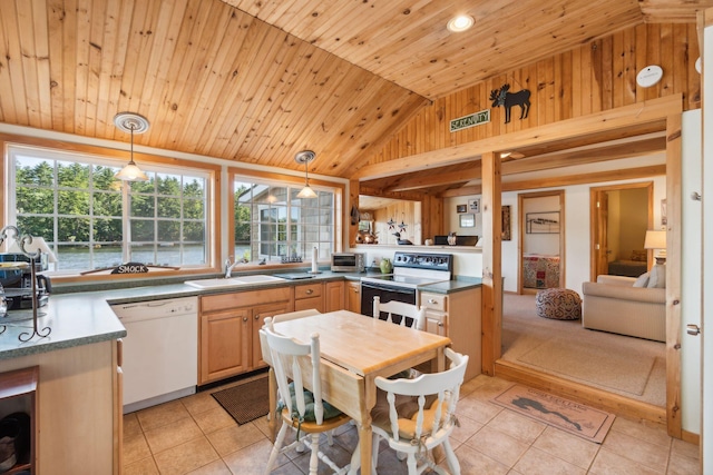 92 Red Gate Ln, Acton, ME 04001 - kitchen featuring electric range, white dishwasher, wooden ceiling, a sink, and vaulted ceiling