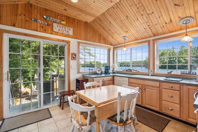 92 Red Gate Ln, Acton, ME 04001 - interior space with wooden ceiling, light tile patterned floors, and lofted ceiling