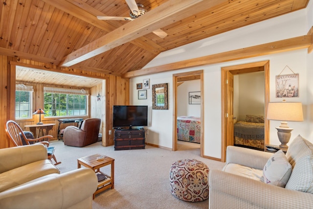 92 Red Gate Ln, Acton, ME 04001 - carpeted living area featuring baseboards, ceiling fan, lofted ceiling with beams, and wood ceiling
