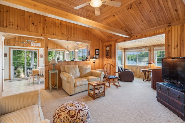 92 Red Gate Ln, Acton, ME 04001 - living room with wood ceiling, ceiling fan, lofted ceiling with beams, and wood walls