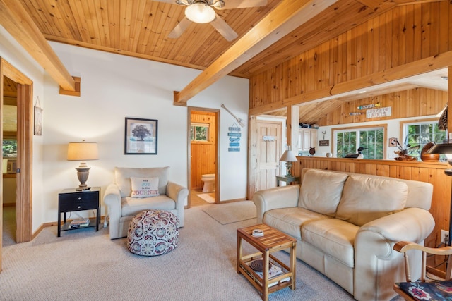92 Red Gate Ln, Acton, ME 04001 - living room with carpet flooring, beamed ceiling, and ceiling fan