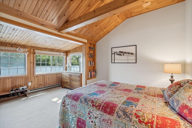 92 Red Gate Ln, Acton, ME 04001 - carpeted bedroom with wooden walls, wood ceiling, lofted ceiling with beams, and a baseboard heating unit