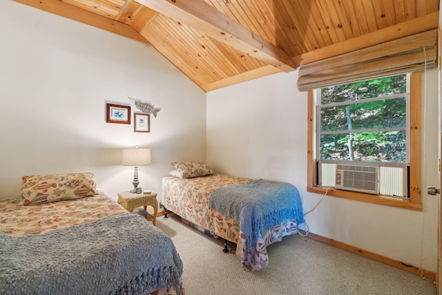 92 Red Gate Ln, Acton, ME 04001 - carpeted bedroom with baseboards, wooden ceiling, vaulted ceiling with beams, and cooling unit