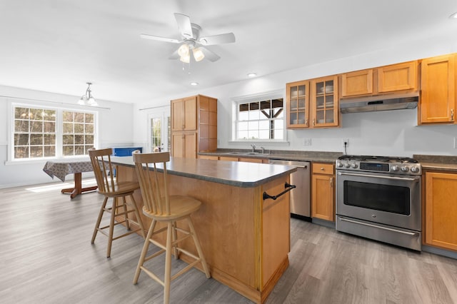 kitchen with a sink, a breakfast bar area, a center island, stainless steel appliances, and under cabinet range hood