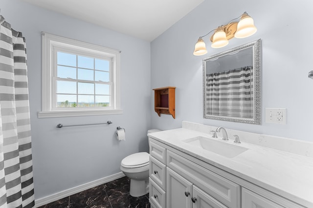 bathroom featuring vanity, marble finish floor, toilet, baseboards, and a shower with curtain