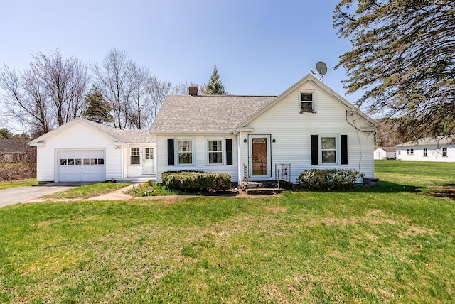 bungalow-style home with aphalt driveway, a front yard, a chimney, a shingled roof, and an attached garage