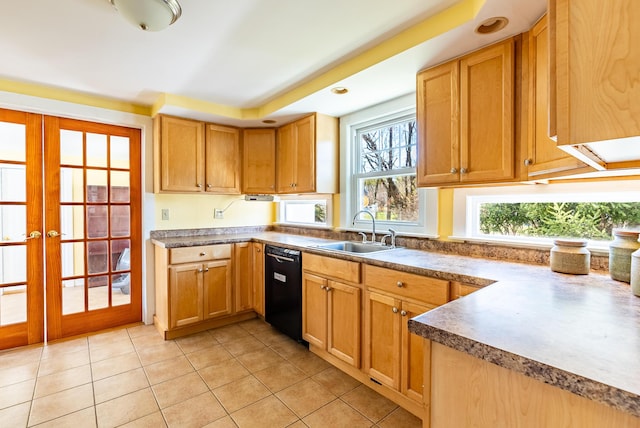 kitchen featuring french doors, a sink, dishwasher, and light tile patterned flooring