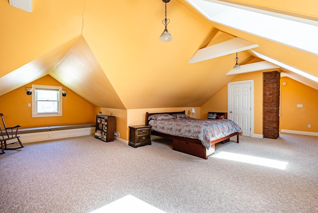 bedroom with baseboards, carpet flooring, and lofted ceiling