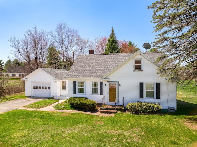 view of front of home with a front yard, a chimney, a shingled roof, concrete driveway, and an attached garage