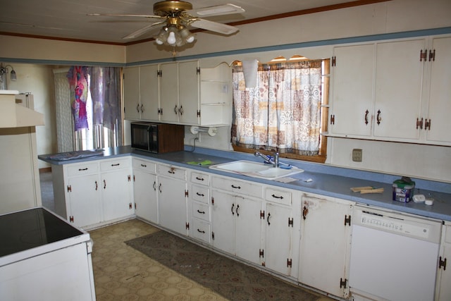 kitchen with ceiling fan, a sink, white cabinets, light floors, and white appliances