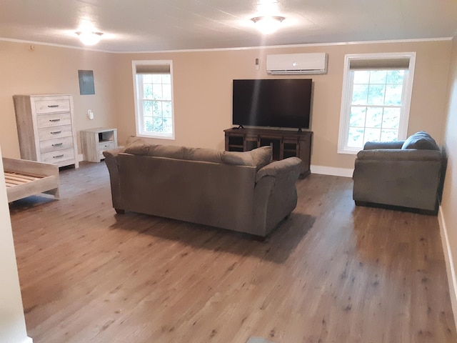 72 Main St, Orono, ME 04473 - living area with wood finished floors, ornamental molding, baseboards, and a wall unit AC
