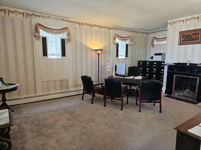 72 Main St, Orono, ME 04473 - dining area featuring carpet floors, a baseboard radiator, a fireplace with flush hearth, and wallpapered walls