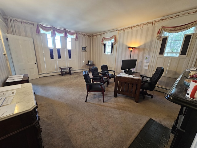 72 Main St, Orono, ME 04473 - home office featuring baseboard heating, carpet flooring, and wallpapered walls