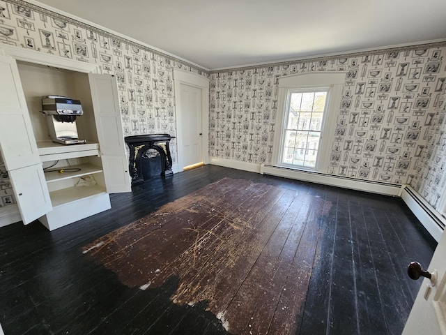 72 Main St, Orono, ME 04473 - unfurnished living room featuring crown molding, baseboards, hardwood / wood-style flooring, and wallpapered walls