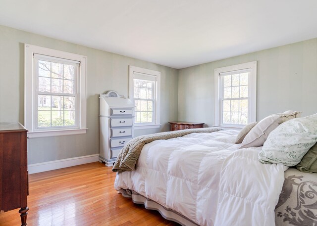 bedroom with light wood-type flooring, baseboards, and multiple windows