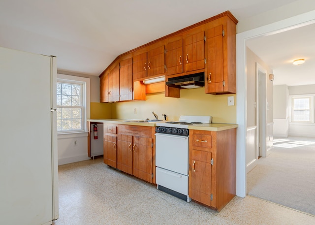 kitchen with brown cabinetry, light countertops, under cabinet range hood, and white appliances