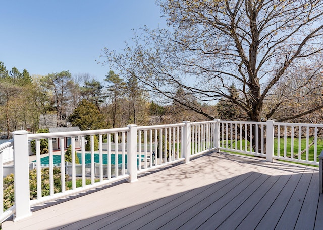 wooden terrace featuring a fenced in pool and fence