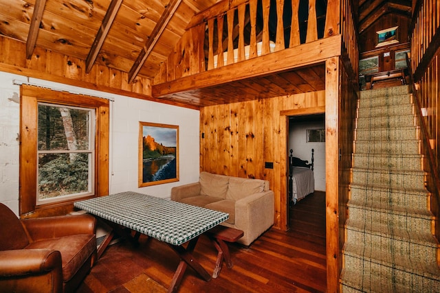 65 Pinecroft Rd, Harrison, ME 04040 - living area featuring wooden ceiling, wood finished floors, beamed ceiling, wood walls, and stairway