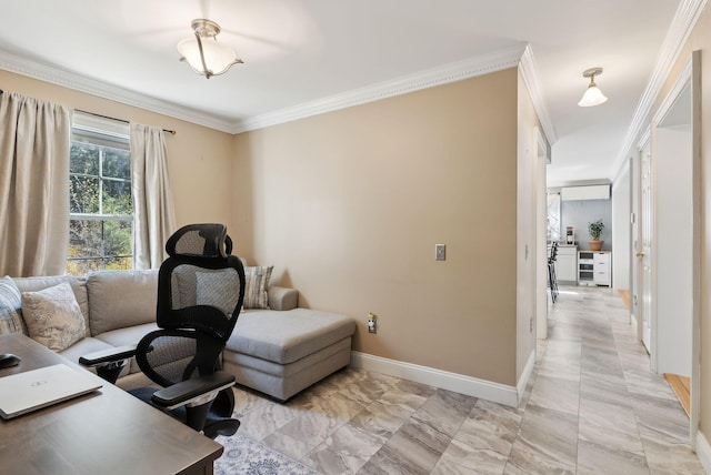 home office featuring crown molding, marble finish floor, and baseboards